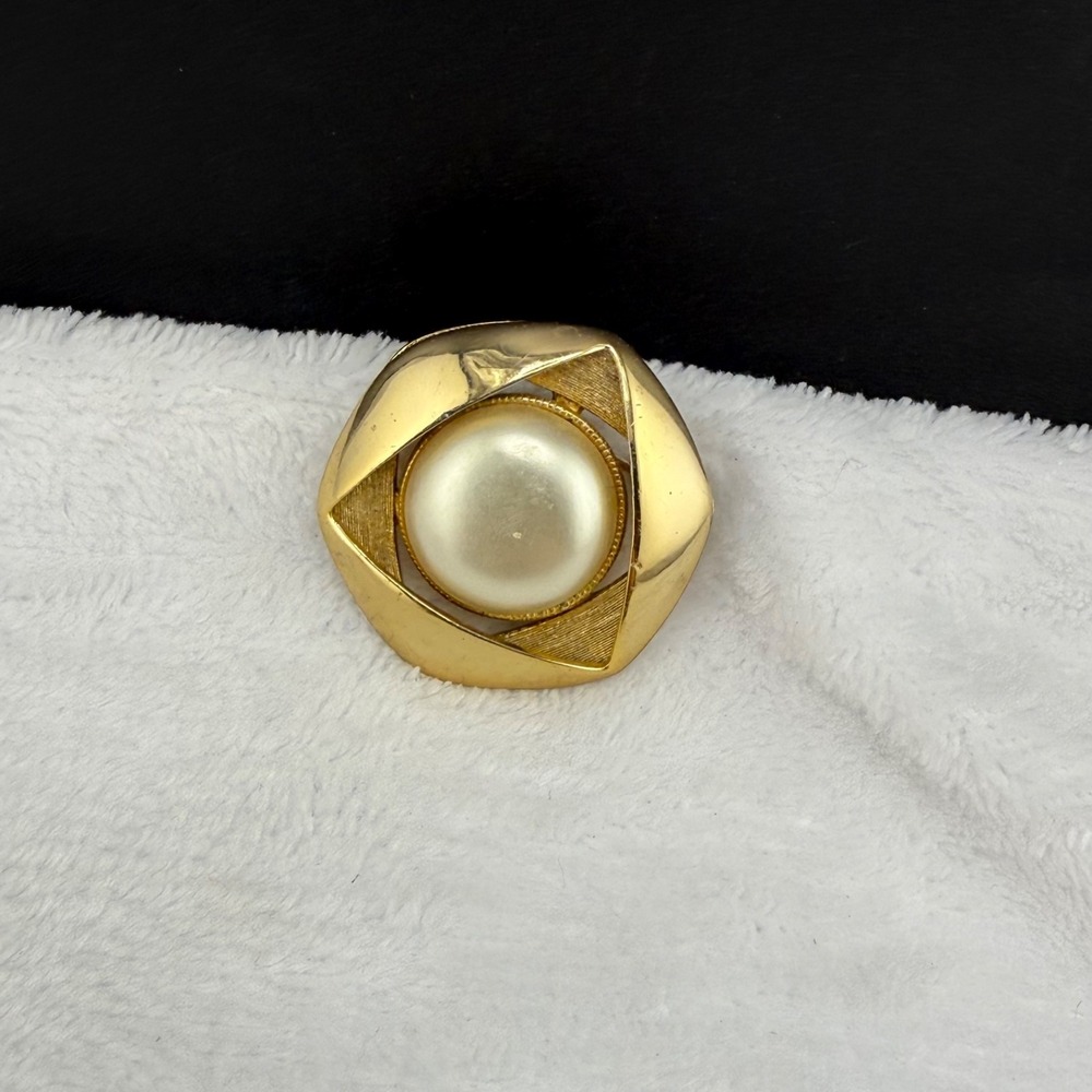 Vintage Orena Paris Brooch Gold Tone Faux Pearl Geometric Signed